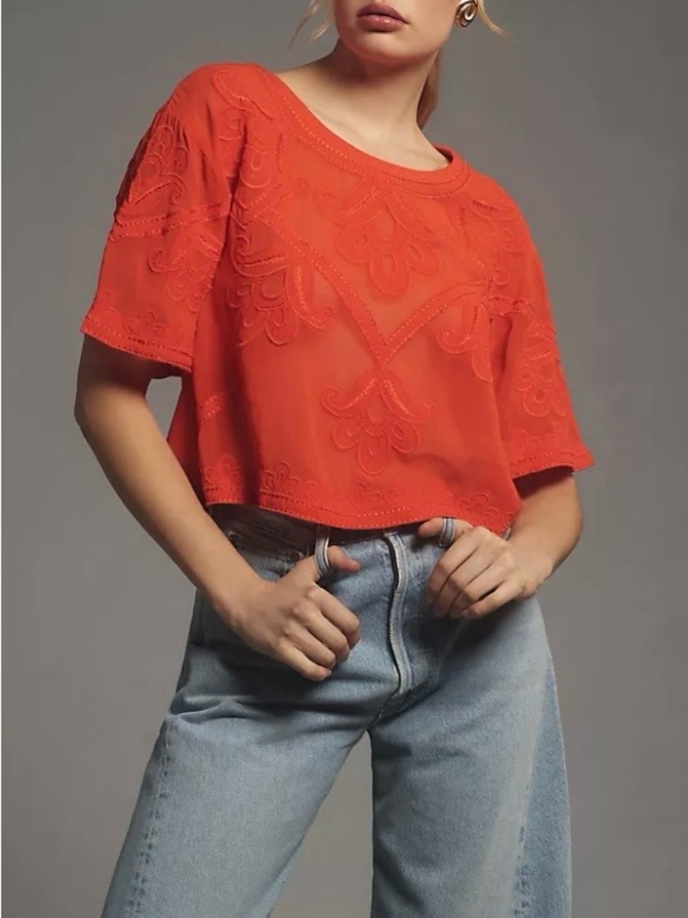 Anthropologie Women’s Rust Orange Sheer Embroidered Boxy Top